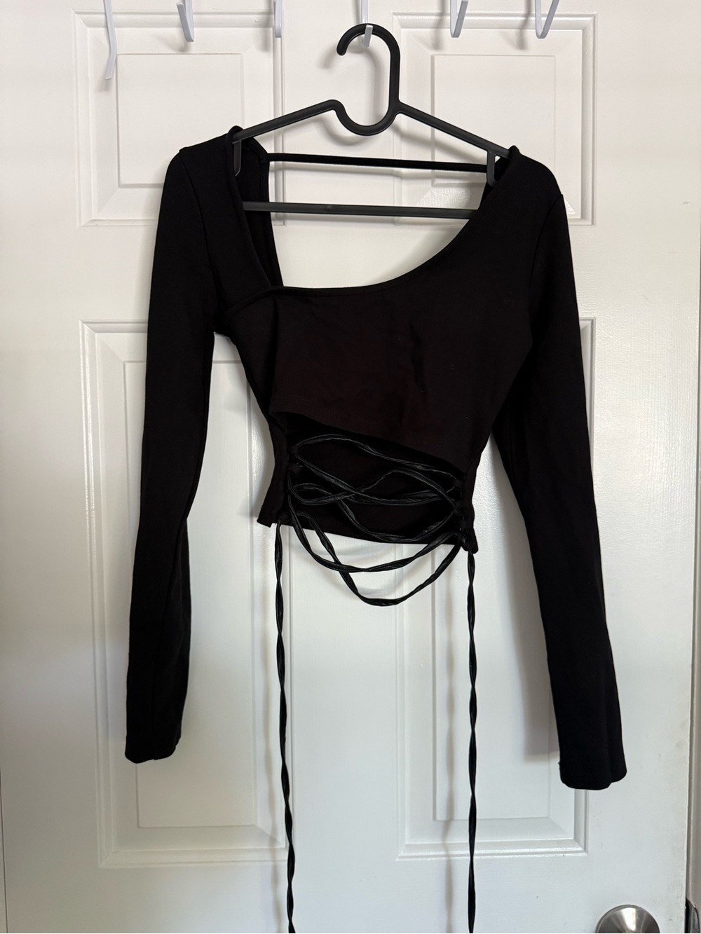 Maniere De Voir Black Asymmetric Lace-Up Long Sleeve Crop Top